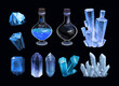 A set of props, bottles and crystals. Bright blue fantasy elements, game interface items, gui icons. Minerals, crystal, sapphire, aquamarine, lapis lazuli. Magic potions with bubbles. Semi realistic.