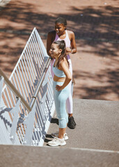 Sticker - Exercise, running and friends relax and take a break from morning workout in a city, talking and bonding on steps. Health, fitness and training by athletic females enjoying rest and conversation