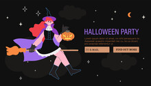 Beautiful Witch Flying On Broomstick In Night Sky. Halloween Cartoon Character Wear Magician Hat And Costume. Creative Concept For Placard, Social Media Or Website Banner, Party Invitation Or Poster