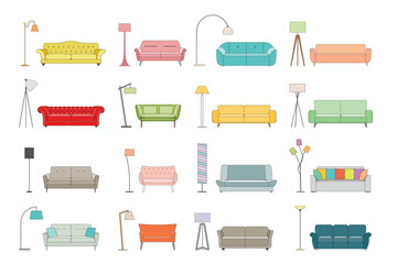 Furniture icons design. Collection of sofa and lamps illustration for home and office.