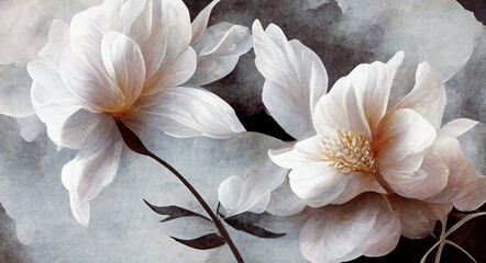 White flowers with leaves is depicted on the canvas. The bud is white. The background of the picture. 3d rendering