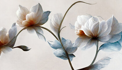 White flowers with leaves is depicted on the canvas. The bud is white. The background of the picture. 3d rendering