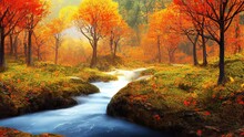 Illustration Of Stream Flowing Through Colorful Autumn Forest