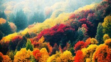 Illustration Of Bright Colorful Autumn Mountain Forests