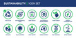 © Icons-Studio - Sustainability icon set. Containing recycled, goal, zero waste, sustainable development, green, energy consumption, solar, save water, eco-friendly, wind power. Solid icons vector collection.