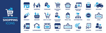 Shopping Icon Set. Online Shopping, Store, Delivery, Promotion And Shopping Cart Symbol. Solid Icons Vector Collection.