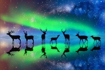 Poster - Deer family on frozen lake. Animal herd silhouette. Aurora borealis