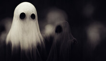 Scary Ghost On Dark Background. Ghost In A White Sheet. Ghost In A Sheet Floating In The Air.