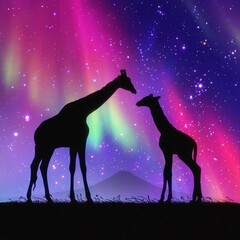 Sticker - Giraffe family in savannah. Animal silhouette. Purple aurora borealis