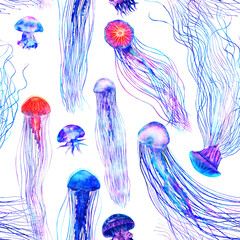 Wall Mural - Pattern seamless jellyfishes PNG. Space colorful repeat texture wallpaper illustration Night galaxy  watercolor jelly fishes in bright style vivid blue purple violet isolated on transparent background