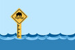 © NOTE OMG - Flood disaster yellow sign - houses and waves on yellow sign isolated on flood level background.