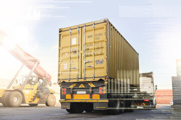 Wall Mural - Logistics truck, shipping and transportation of cargo at a supply chain port ground. Ecommerce stock, delivery service and trade of commercial freight container at an outdoor manufacturing warehouse