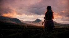 The Pictish Girl Standing In Front Of A Magnificent Mountain Landscape V2
