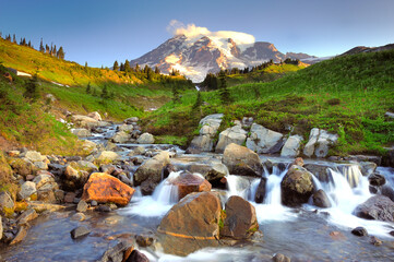 Wall Mural - Mt Rainier with small water falls in early summer