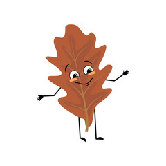 Oak leaf character with joyful emotions, smile on face, happy eyes, arms and legs. Cheerful forest plant in autumn brown colour. Vector flat illustration