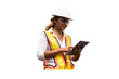 © amorn - African American woman engineer wear safety uniform and helmet working with digital table on white background