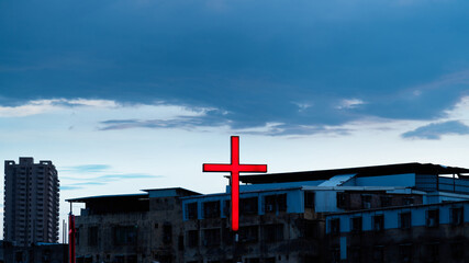 Wall Mural - Old church with cross at dusk