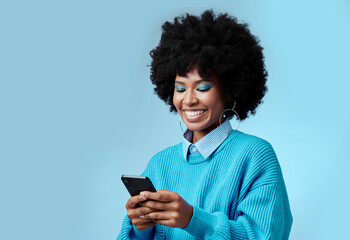 mockup, smile and black woman with phone typing a online communication message to a contact using so