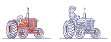 Tractor And Tractor Driver, Set Of Vector Line Art Illustrations. Red And Grey Versions.