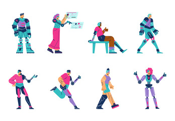 Human cyborg set, people with futuristic prothesisis - flat vector illustration isolated on white background.