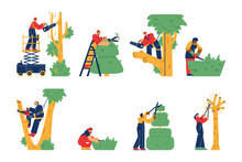Garden Workers Trim The Trees Set Of Flat Vector Illustrations Isolated.
