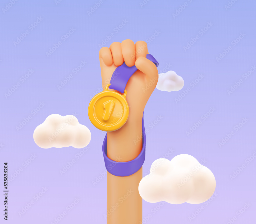 3d cartoon hand holding golden medal on the sky background and clouds ...