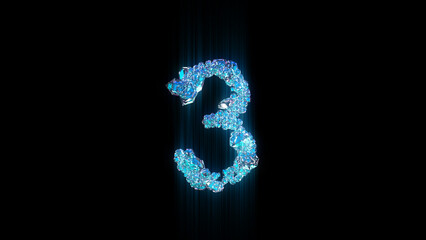 Wall Mural - blue diamonds or frozen ice number 3 on black backdrop, isolated - object 3D illustration