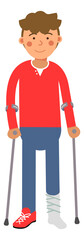 Poster - Man with broken ankle walking with crutches. Injured guy with plaster cast on leg