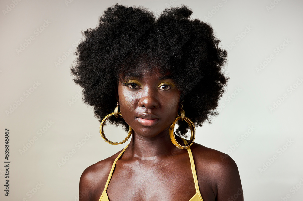 Beauty yellow makeup or black woman portrait of model with fashion ...