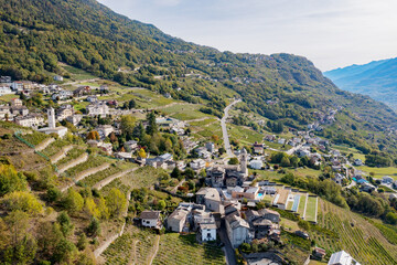 aerial view of the village of Castione Andevenno in Valtellina, Italy