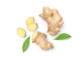 Flat lay of Fresh ginger rhizome with slices  isolated on white background.