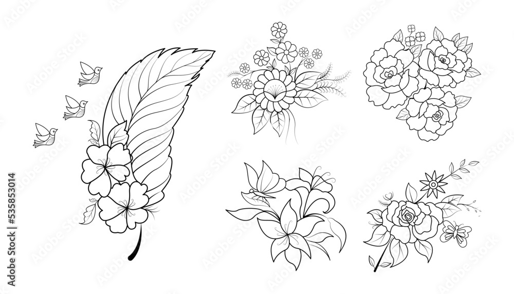 Set of floral line art hand drawn simple flower coloring pages for kids ...
