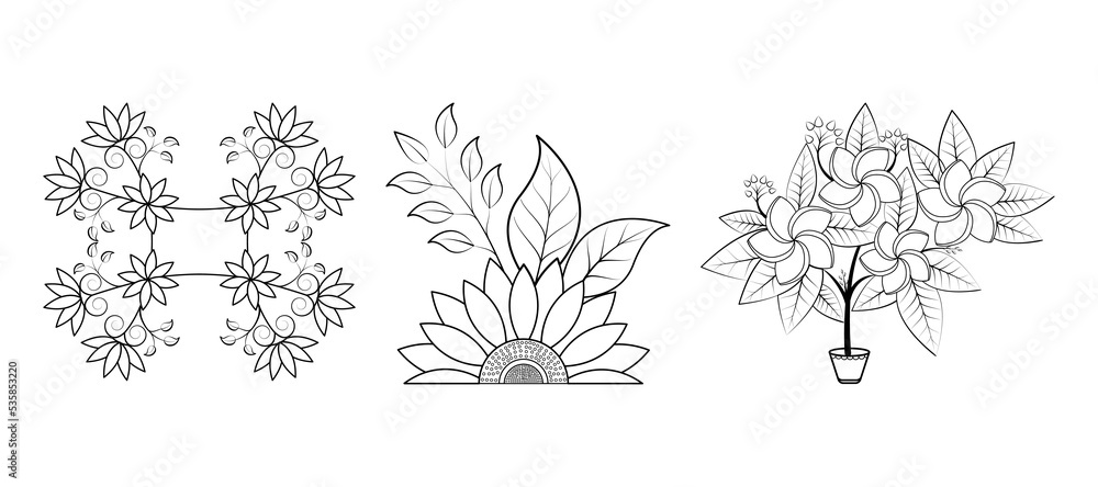 Set of floral line art hand drawn simple flower coloring pages for kids ...