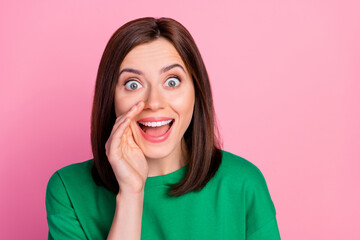 Sticker - Closeup photo of young surprised lady talk about secret sale shopping mall tomorrow isolated on pink color background