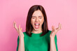 Photo of young funny angry lady screams closed eyes open mouth no menstruation isolated on pink color background