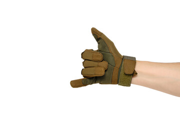 Hand in tactical gloves shoes gesture with fingers, on white background of isolate.Trend of PMCs.