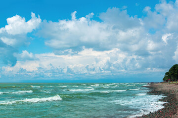 seascape coast panoramic view under beautiful cloudy sky