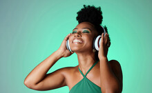 Studio, Happy And Black Woman In Headphones With Music Playing From A Jamaican Dance Hall And Reggae Radio Audio Playlist. Freedom And Young African Girl Enjoying Listening Fun, Streaming And Sounds