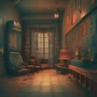 Abstract of retro dark old home interior design of fairy tale vintage background with furnitures illustration