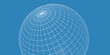 Blue 3D wireframe globe or sphere on background, visualization of geography or navigation concept with latitude and longitude coordinates