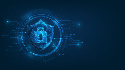 protection security technology digital on blue dark background. cyber data shield security low poly wireframe. prevent online network theft system. vector illustration abstract fantastic design.