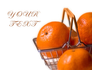 part of a grocery basket with fresh orange tangerines isolated on a white background. selective focus on the front of the basket and the mandarin stalk, shallow depth of field. soft focus