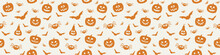 Halloween Banner With Funny Pumpkins, Bats And Spiders. Wallpaper. Vector