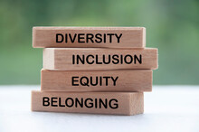 Wooden Blocks With Text - Diversity, Inclusion, Equity And Belonging With Blurred Nature Background