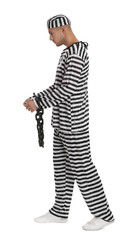 Wall Mural - Prisoner in striped uniform with chained hands on white background