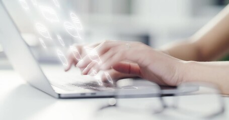 Busy worker typing fast on the laptop, working and sending messages and emails. Mockup for social network, connection and digital conversation in business communication and cyber networking for work