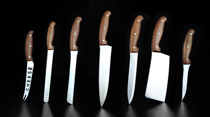 Steel kitchen knives. Quality Kitchen Knives. Set of new professional kitchen knives. Kitchen knife balanced on its end.