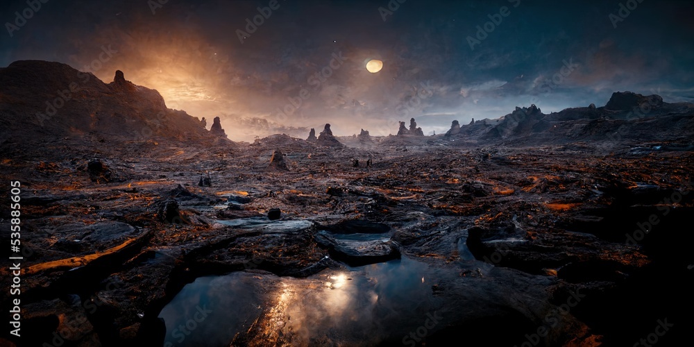 Alien planet fantasy wallpaper landscape 3D illustration with copy ...