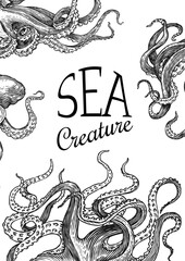 Wall Mural - Sea octopus Background. Engraved hand drawn in old sketch, vintage creature. Nautical or marine, monster. Animal in the ocean. Template for logos, labels and emblems. Banner poster template.