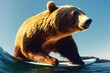 Photorealistic brown bear surfing in the sea, low angle view. AI generated, is not based on any real image.
